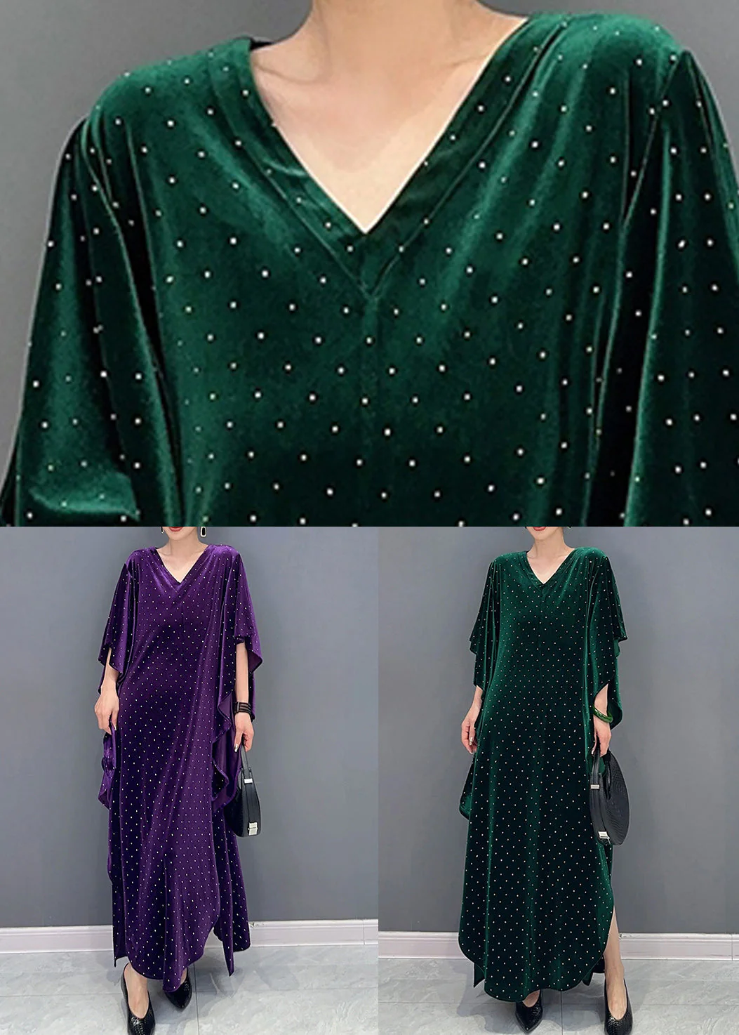 Green Side Open Patchwork Velour Long Dress V Neck Batwing Sleeve - Image 5