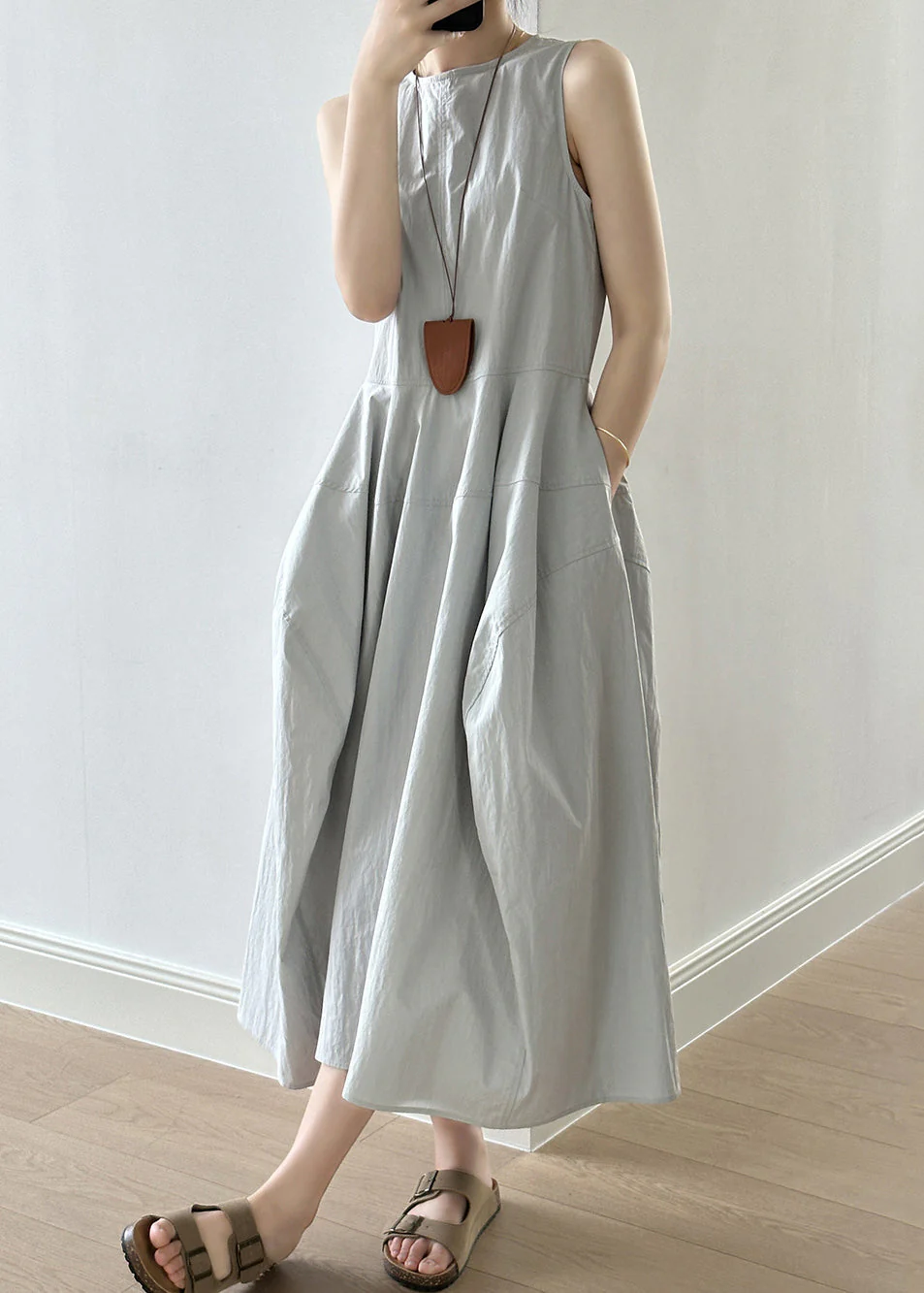 Green Solid Patchwork Cotton Long Dress Zippered Fall - Image 4