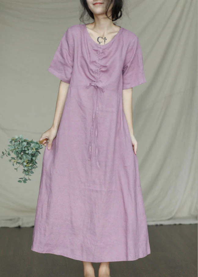 Green Solid Pockets Linen Dress Short Sleeve - Image 3