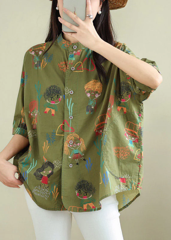 Green Stand Collar Top Short Sleeve