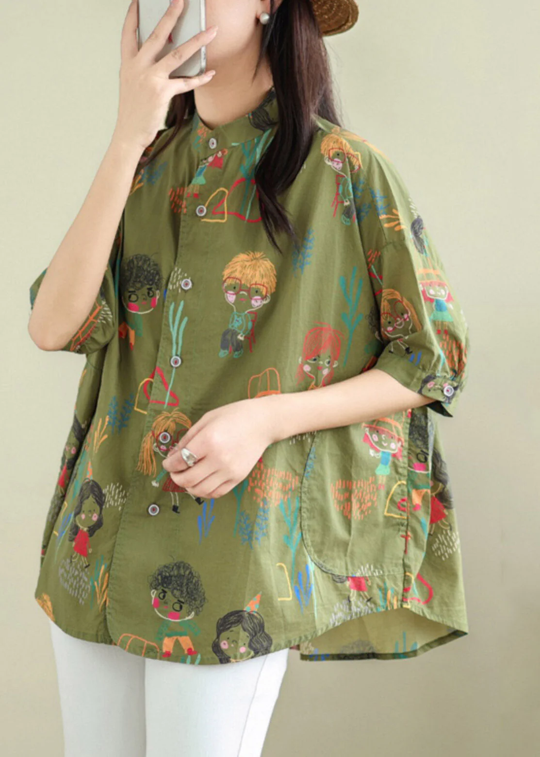 Green Stand Collar Top Short Sleeve - Image 3