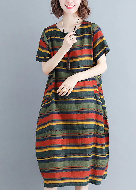Green Striped Cotton Holiday Dress Pockets Short Sleeve - Image 2