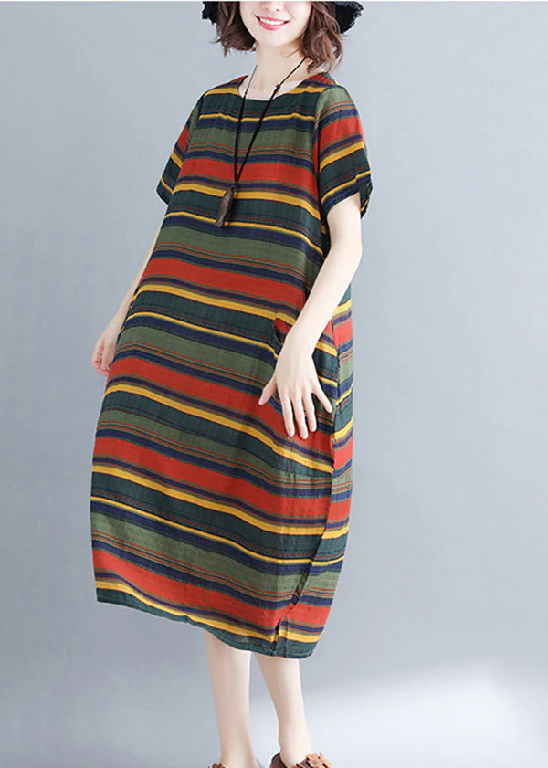 Green Striped Cotton Holiday Dress Pockets Short Sleeve - Image 3