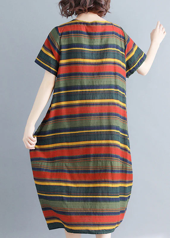 Green Striped Cotton Holiday Dress Pockets Short Sleeve - Image 4