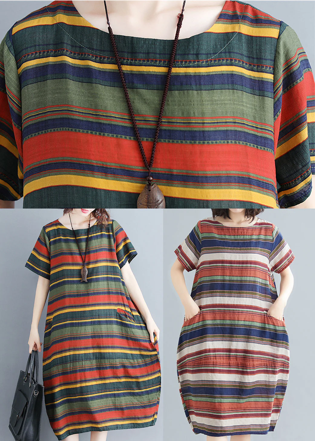 Green Striped Cotton Holiday Dress Pockets Short Sleeve - Image 5