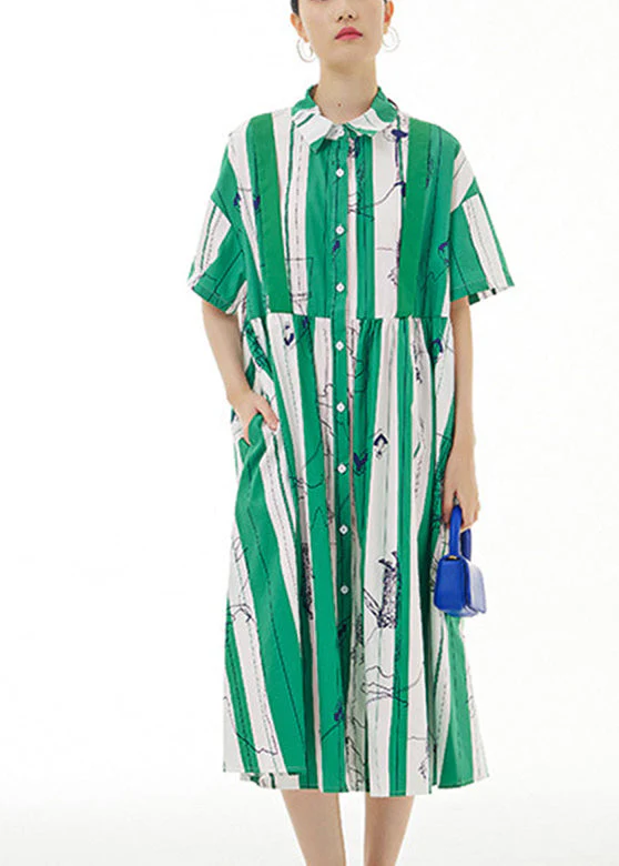 Green Striped Patchwork Button Cotton Long Dress Short Sleeve - Image 2