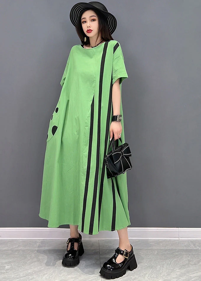 Green Striped Patchwork Cotton Vacation Dresses O-Neck Oversized Short Sleeve - Image 2
