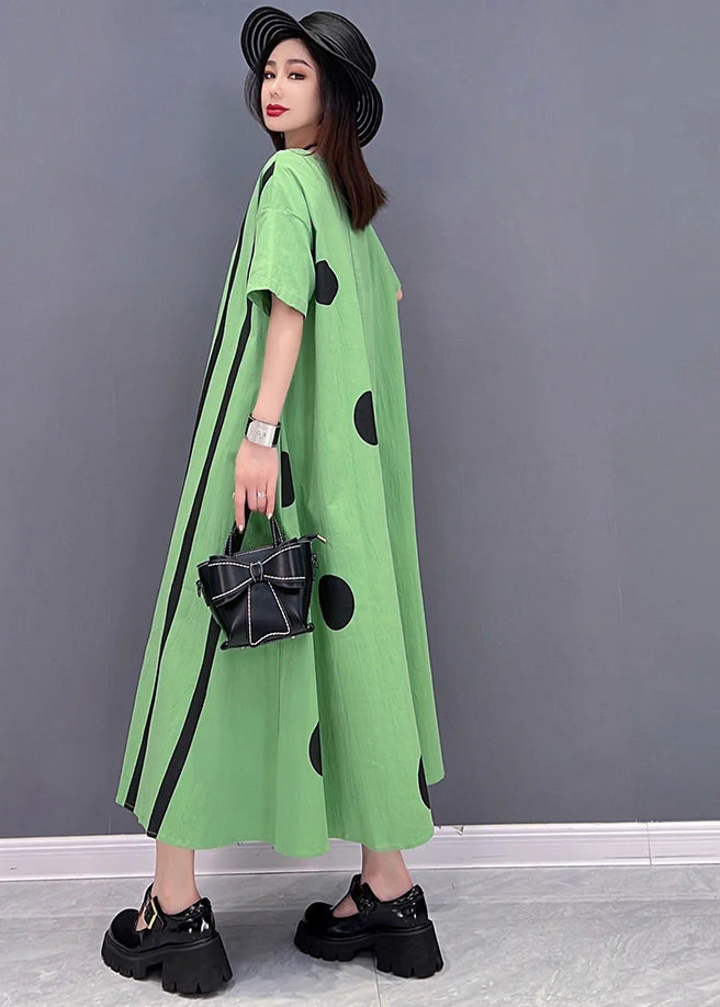 Green Striped Patchwork Cotton Vacation Dresses O-Neck Oversized Short Sleeve - Image 4