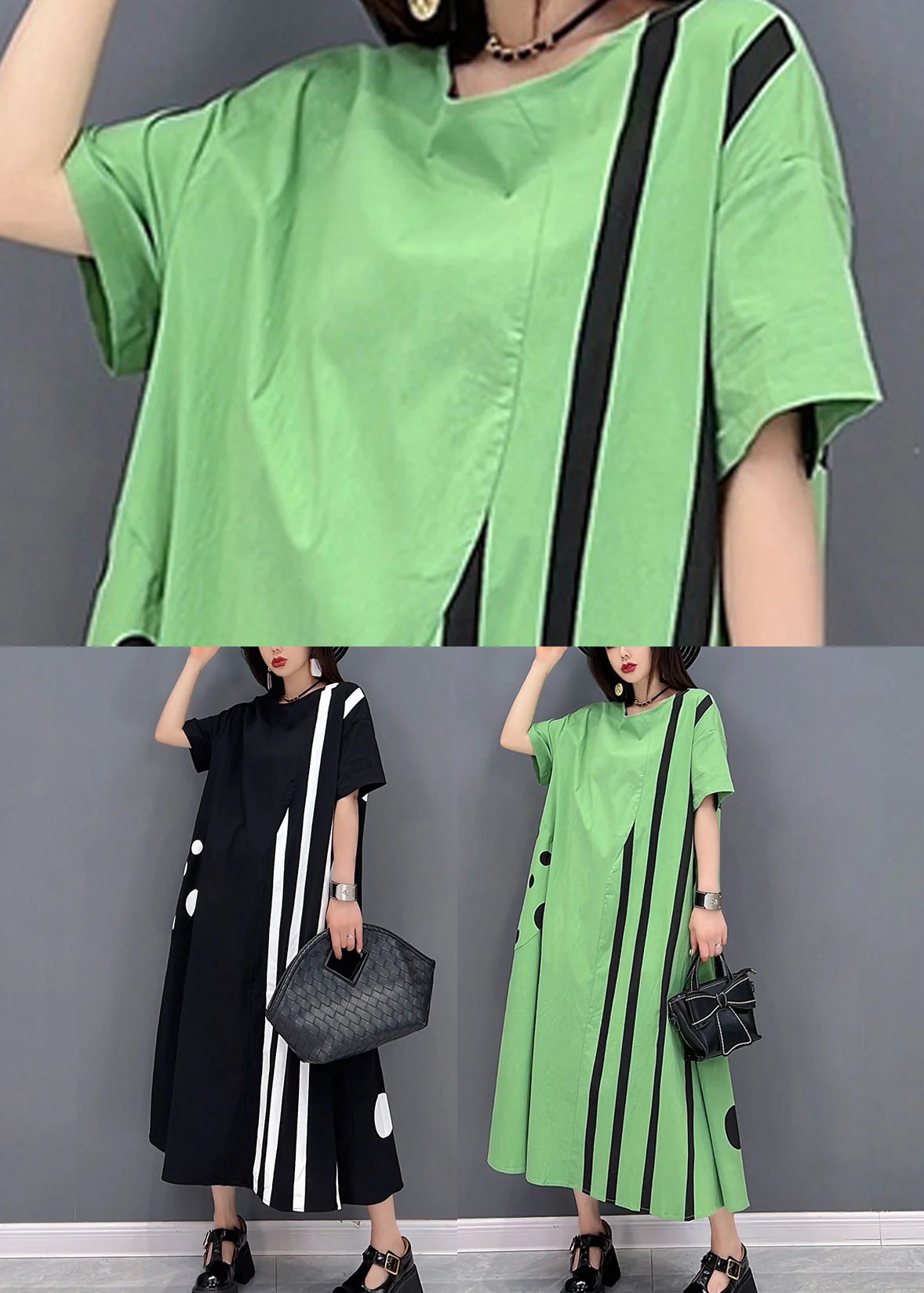 Green Striped Patchwork Cotton Vacation Dresses O-Neck Oversized Short Sleeve - Image 5
