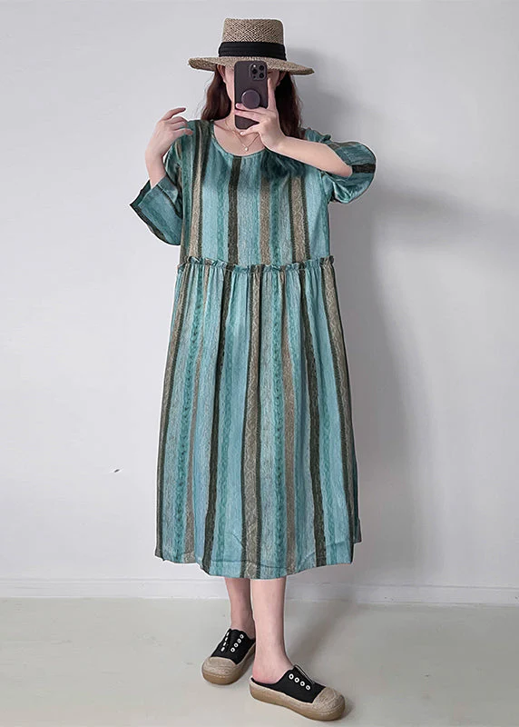 Green Striped Silk Party Dress Oversized Ruffled Fall - Image 2