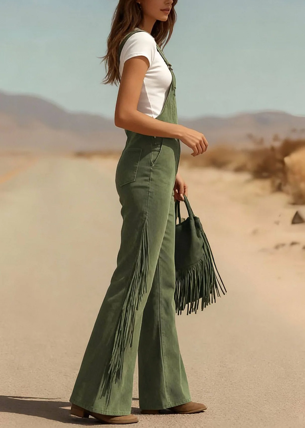 Green Tassel Patchwork Faux Suede Jumpsuit Sleeveless - Image 2