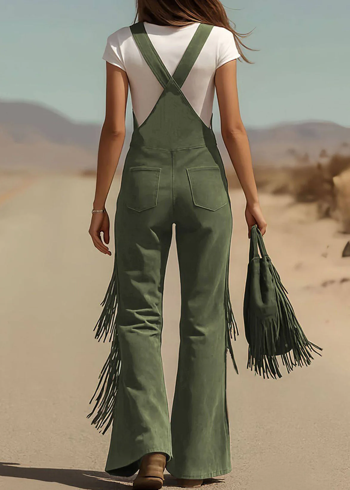 Green Tassel Patchwork Faux Suede Jumpsuit Sleeveless - Image 3