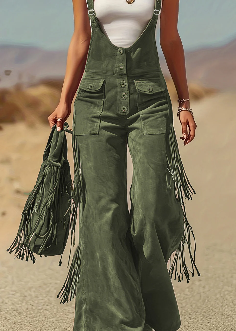 Green Tassel Patchwork Faux Suede Jumpsuit Sleeveless - Image 4