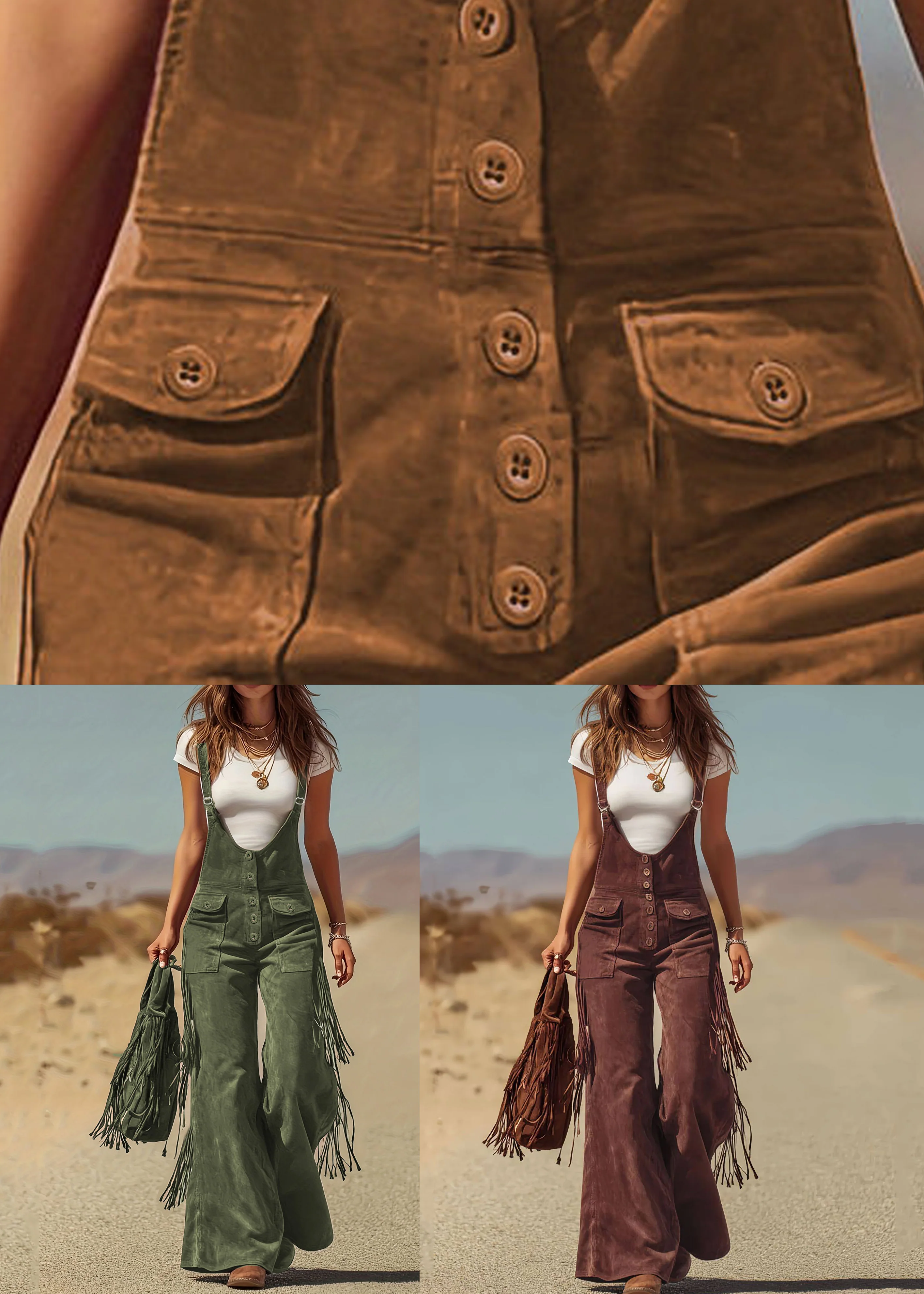 Green Tassel Patchwork Faux Suede Jumpsuit Sleeveless - Image 5