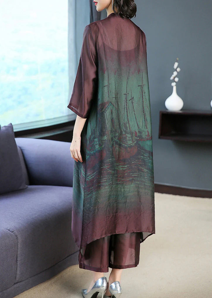 Green Thin Silk Shirt Dress And Wide Leg Pants Two Pieces Set Pockets Summer - Image 3