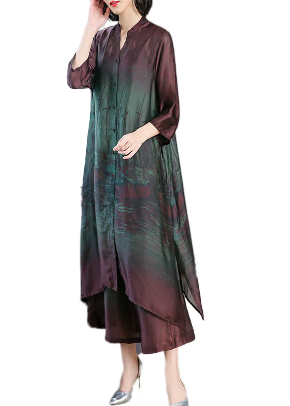 Green Thin Silk Shirt Dress And Wide Leg Pants Two Pieces Set Pockets Summer - Image 5