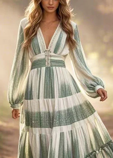Green Tie Dye Cotton Dress V Neck Exra Large Hem Spring - Image 2