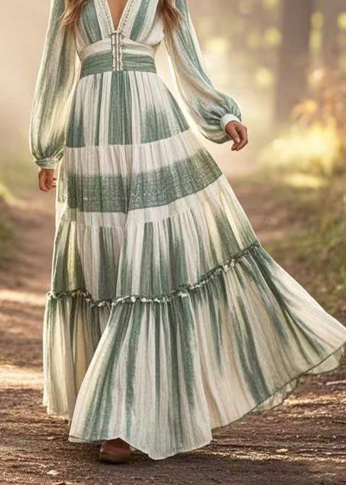 Green Tie Dye Cotton Dress V Neck Exra Large Hem Spring - Image 4