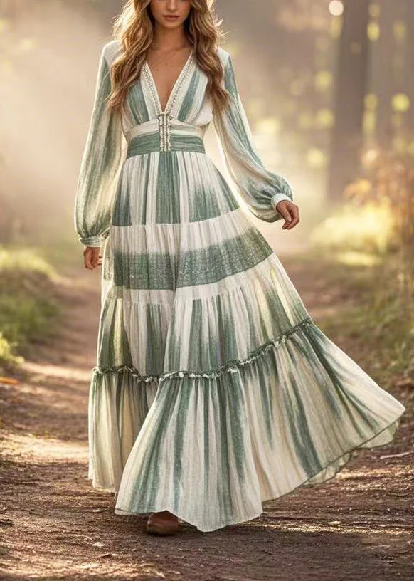 Green Tie Dye Cotton Dress V Neck Exra Large Hem Spring - Image 5