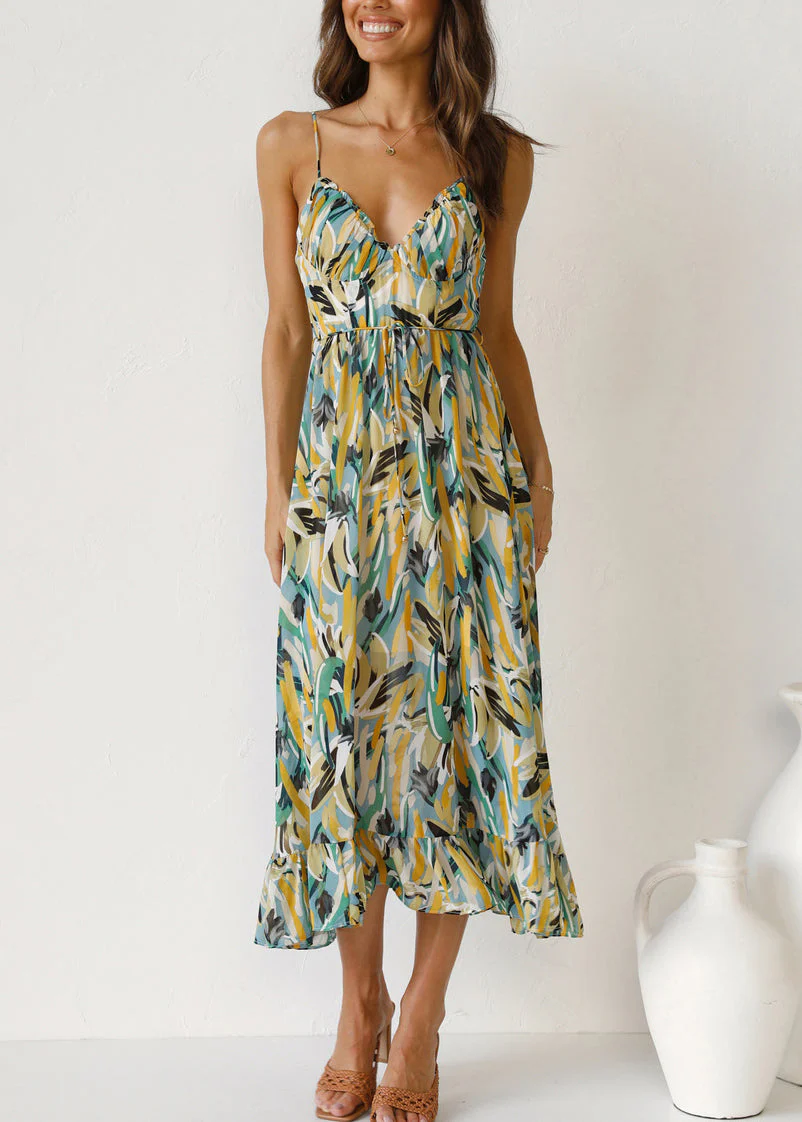Green Tie Waist Cotton Spaghetti Strap Dress Backless Sleeveless - Image 2
