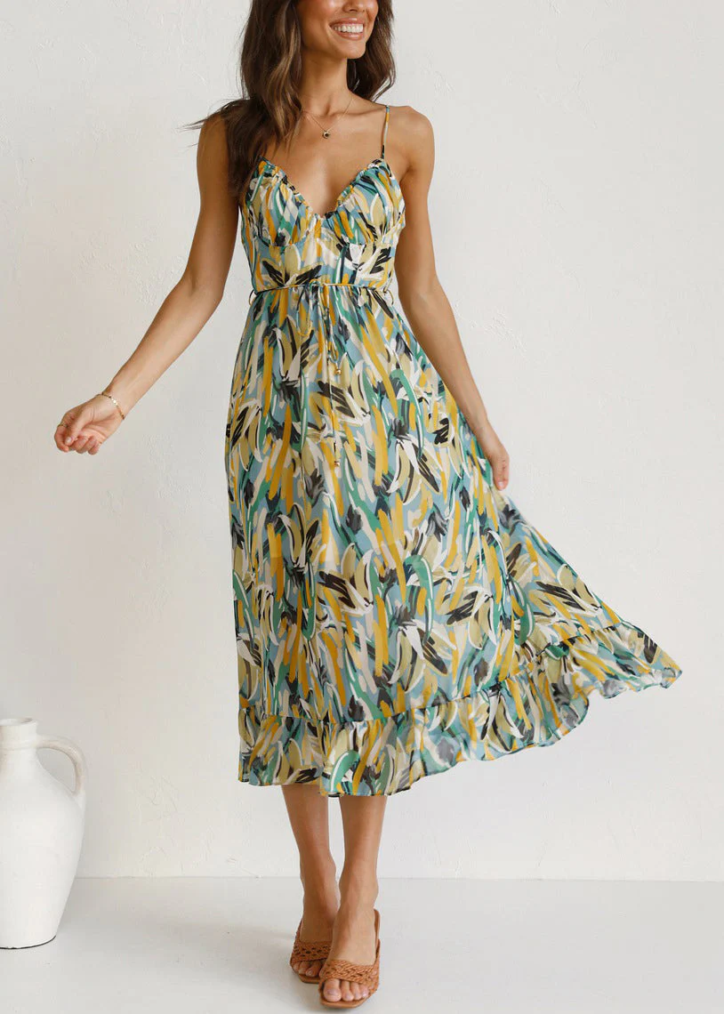 Green Tie Waist Cotton Spaghetti Strap Dress Backless Sleeveless - Image 3