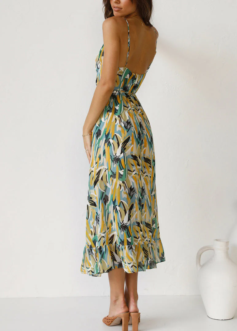Green Tie Waist Cotton Spaghetti Strap Dress Backless Sleeveless - Image 4