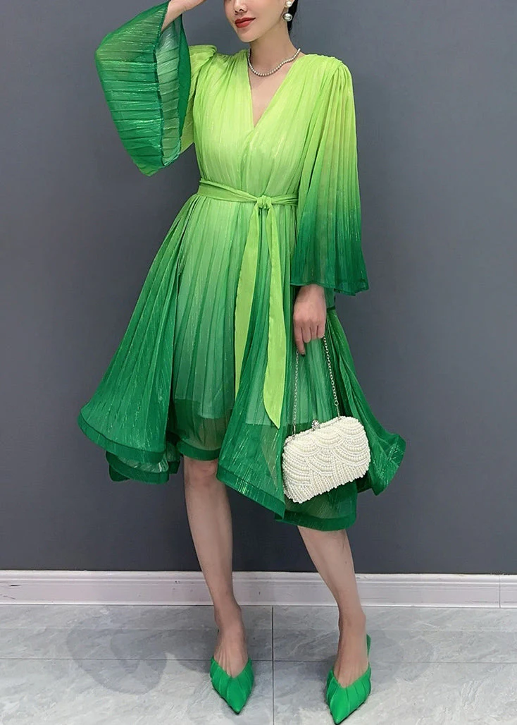 Green Tie Waist Maxi Dresses Flare Sleeve - Image 3