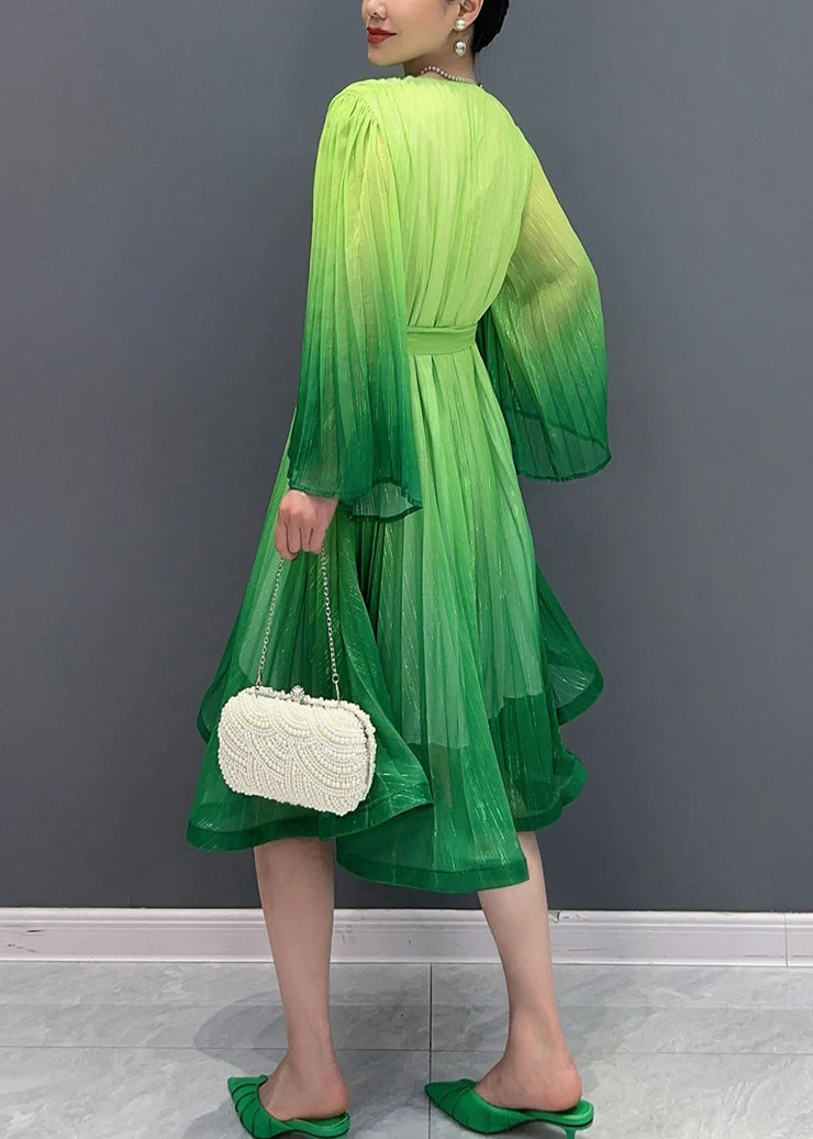 Green Tie Waist Maxi Dresses Flare Sleeve - Image 4