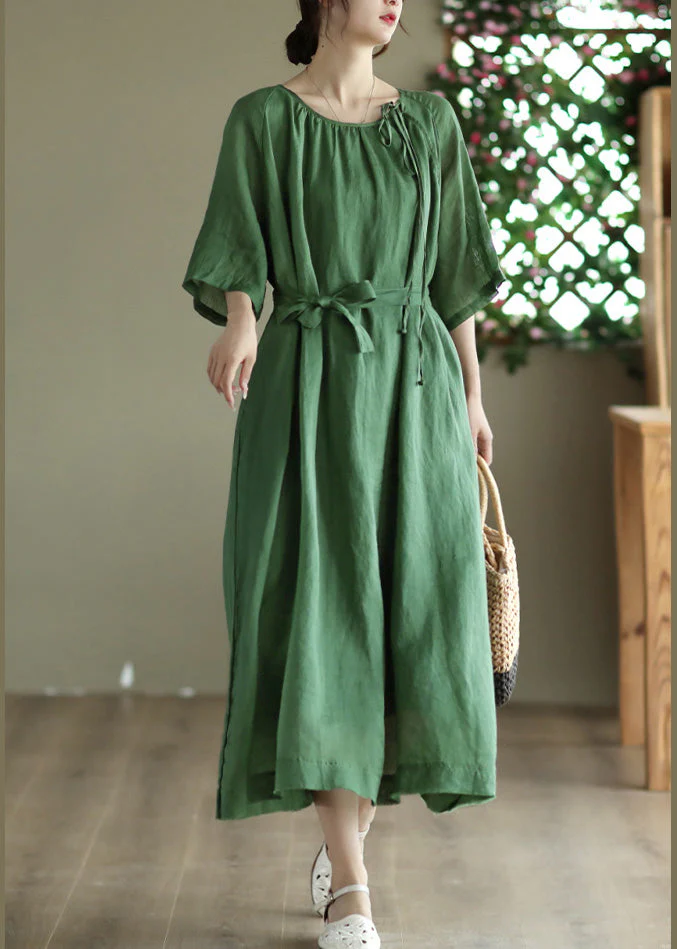 Green Tie Waist Solid Long Dress Half Sleeve - Image 2
