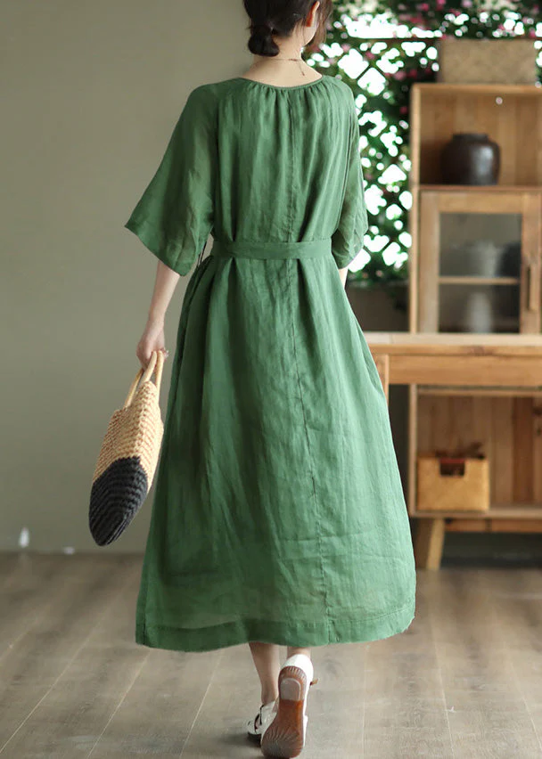 Green Tie Waist Solid Long Dress Half Sleeve - Image 3