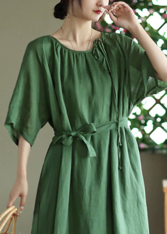 Green Tie Waist Solid Long Dress Half Sleeve - Image 4