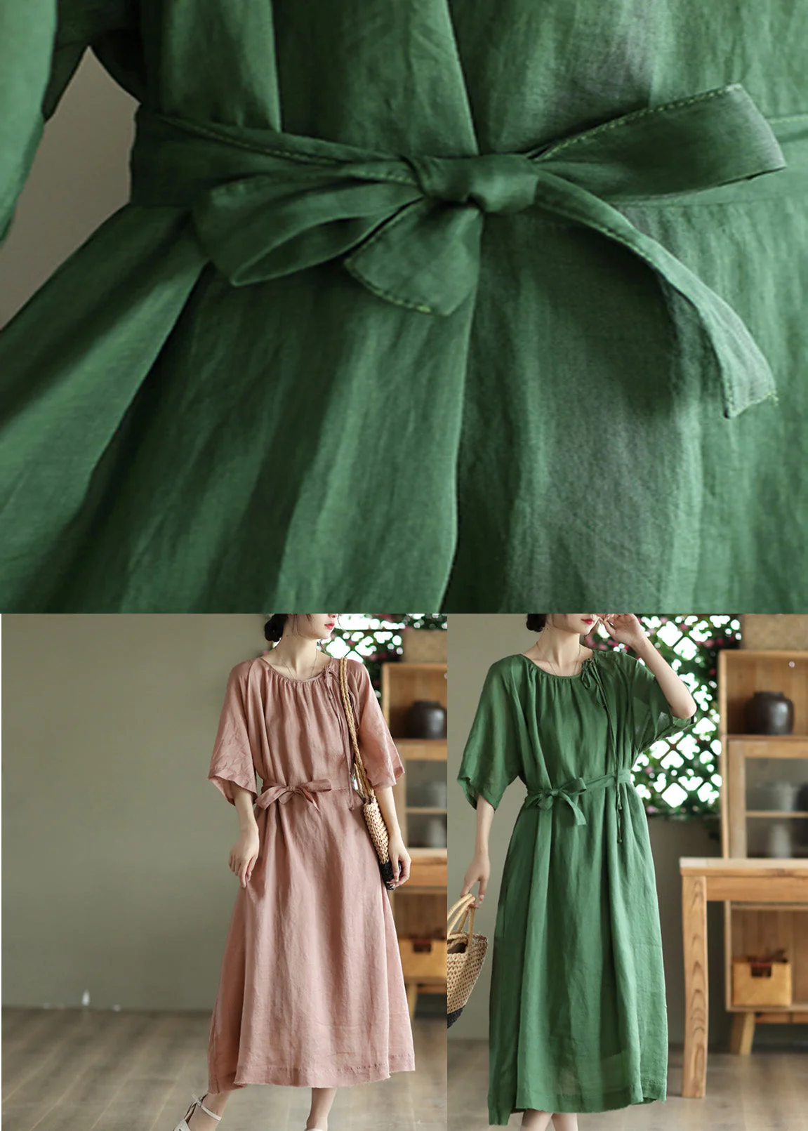 Green Tie Waist Solid Long Dress Half Sleeve - Image 5