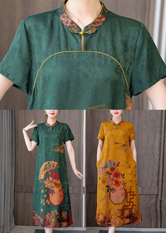 Green 2025 Silk Cheongsam Dress Stand Collar Side Open Short Sleeve - Image 5