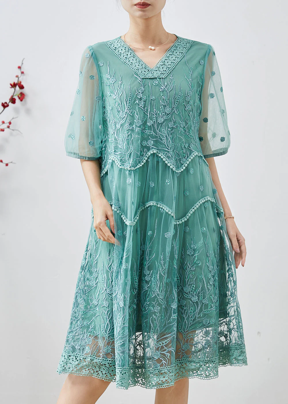 Green Tulle Dress V Neck Embroidered Summer - Image 2