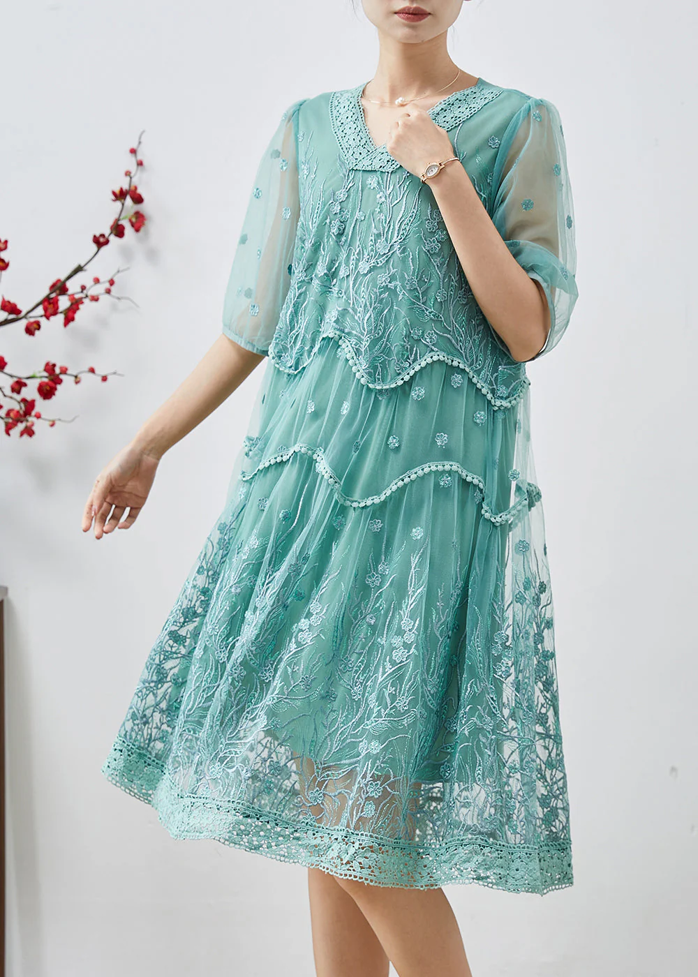 Green Tulle Dress V Neck Embroidered Summer - Image 3