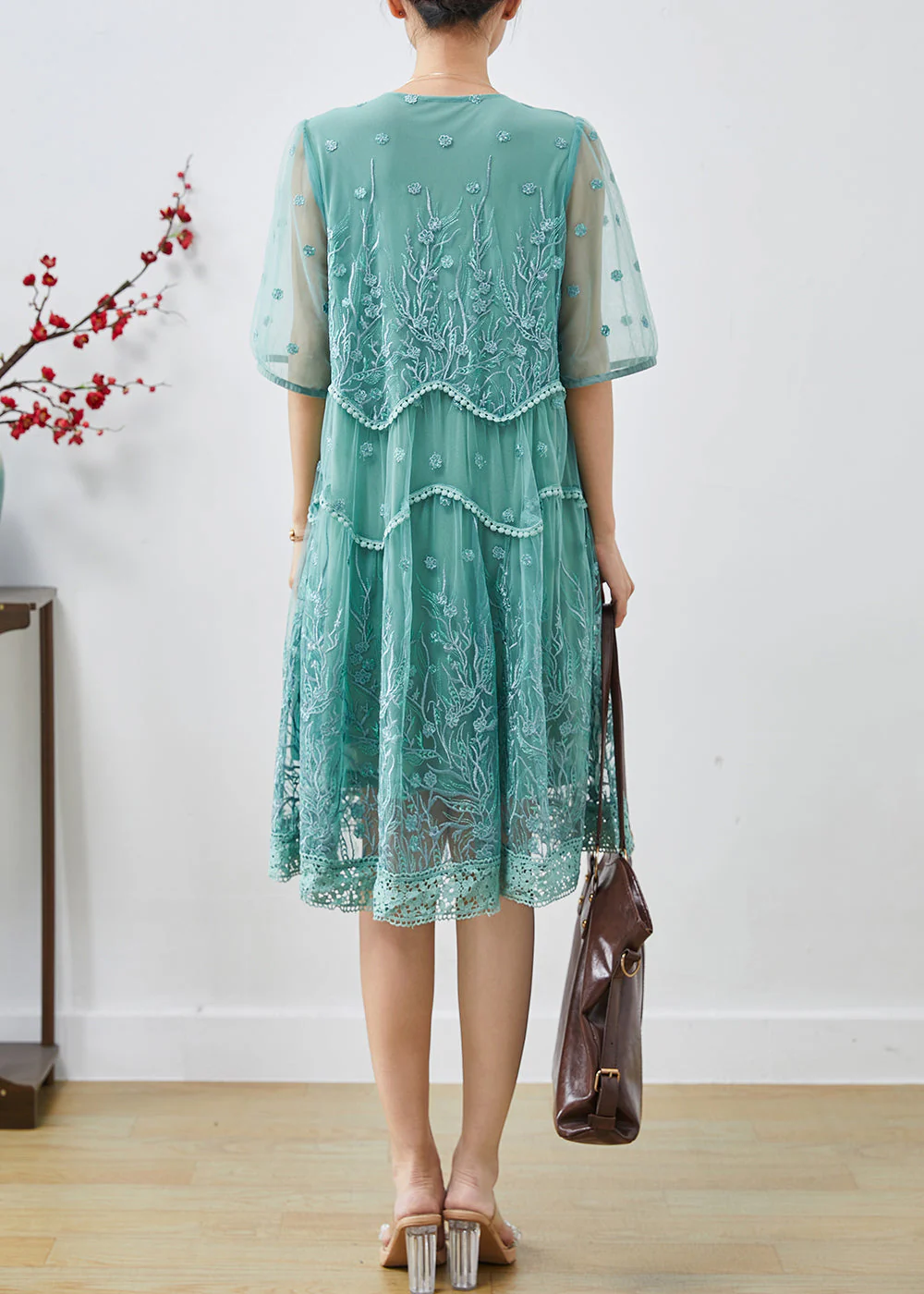 Green Tulle Dress V Neck Embroidered Summer - Image 4