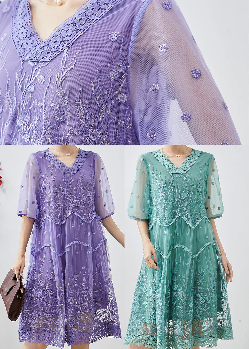 Green Tulle Dress V Neck Embroidered Summer - Image 5