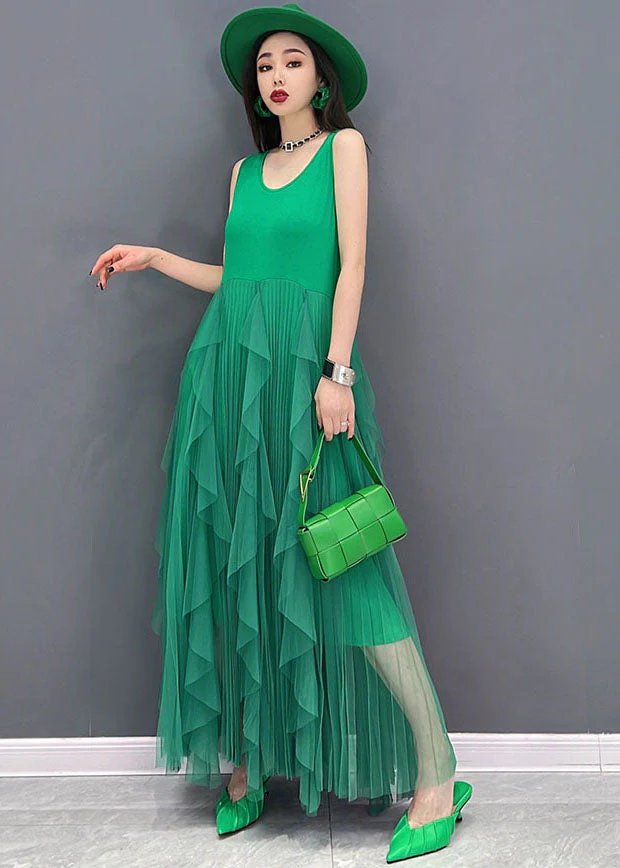 Green Tulle Patchwork Cotton Fitted Dresses O-Neck Sleeveless - Image 2