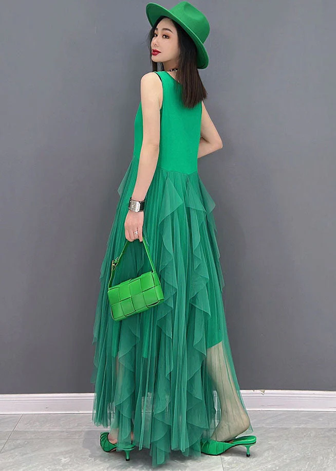 Green Tulle Patchwork Cotton Fitted Dresses O-Neck Sleeveless - Image 3