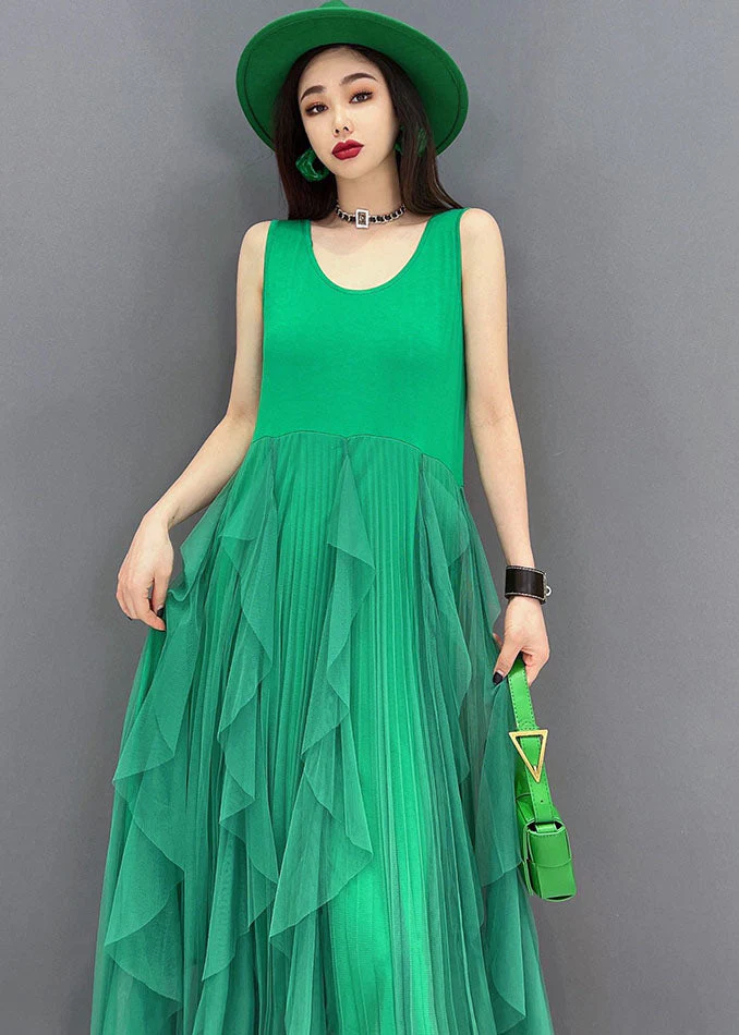 Green Tulle Patchwork Cotton Fitted Dresses O-Neck Sleeveless - Image 4
