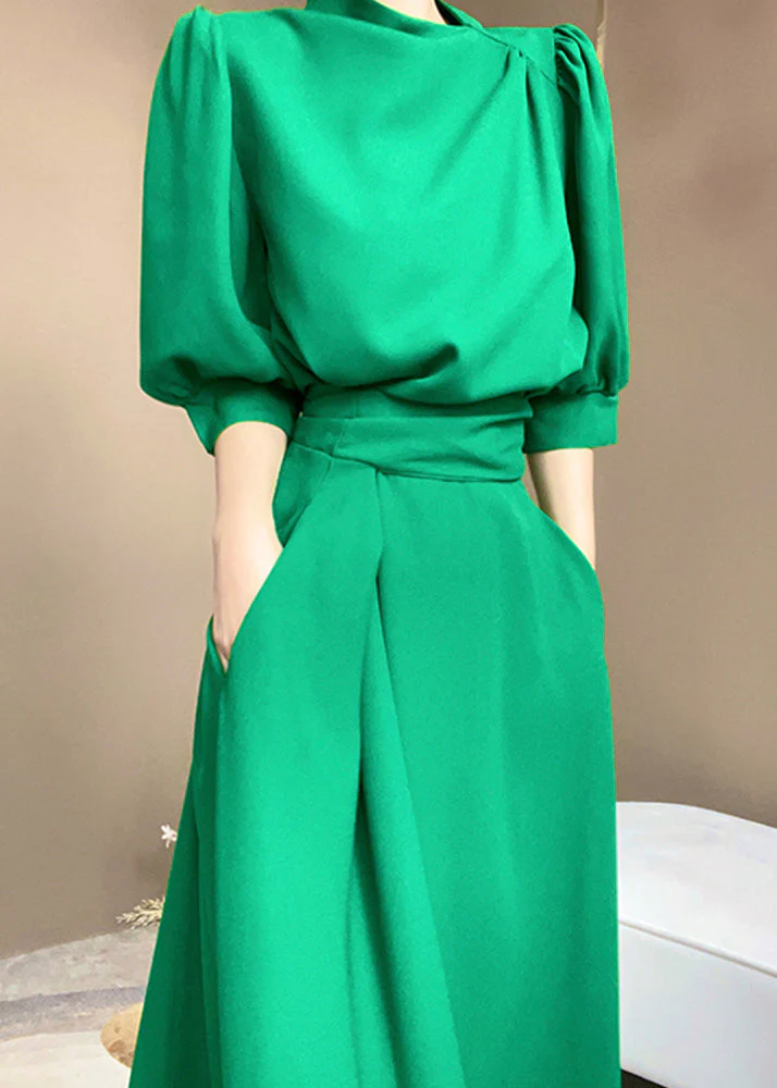 Green Turtleneck Tie Waist Patchwork Cotton Dress Tie Waist Short Sleeve - Image 2