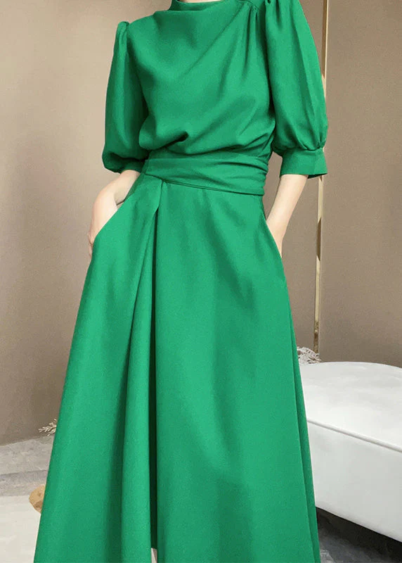 Green Turtleneck Tie Waist Patchwork Cotton Dress Tie Waist Short Sleeve - Image 3