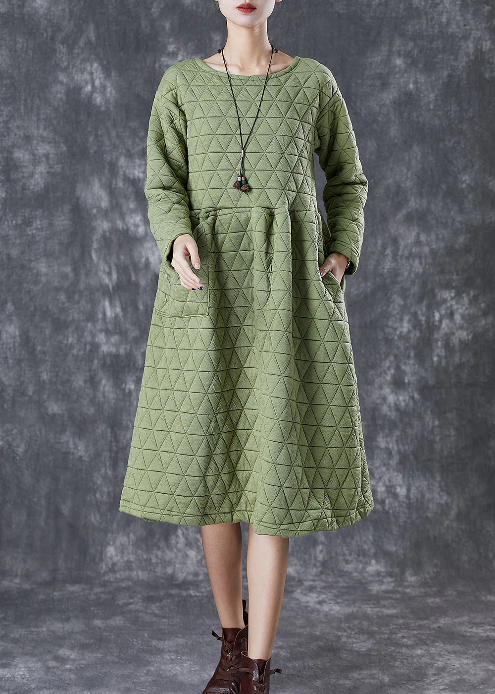 Green Warm Fine Cotton Filled Holiday Dress Winter - Image 2
