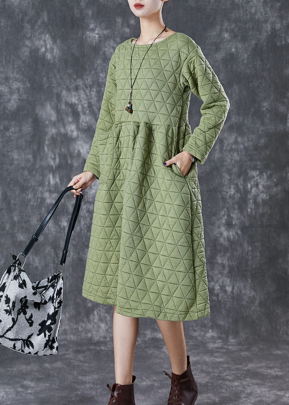 Green Warm Fine Cotton Filled Holiday Dress Winter - Image 3