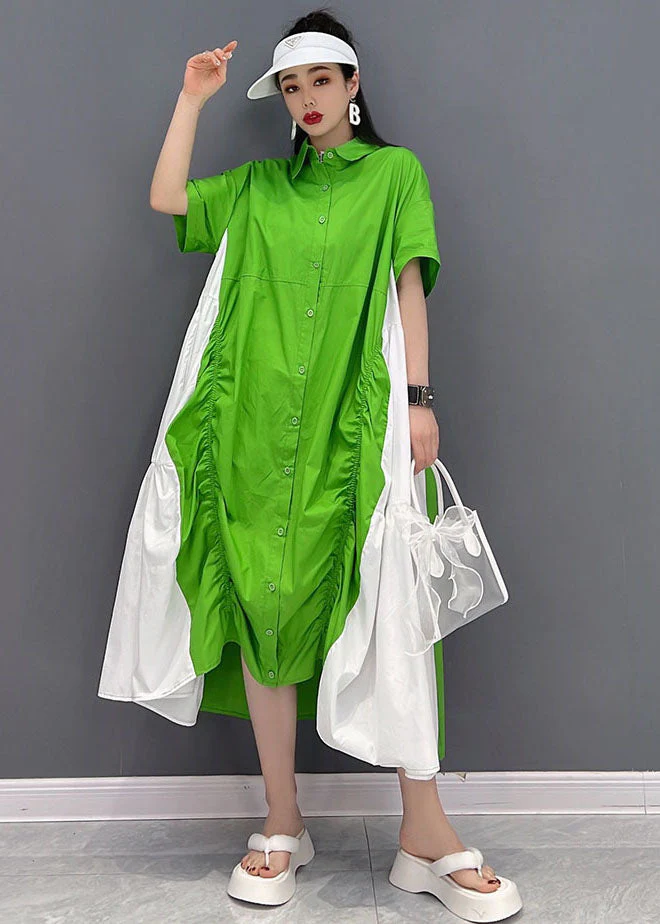 Green White Patchwork Cotton Loose Dresses Cinched Short Sleeve - Image 2