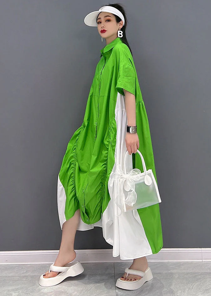 Green White Patchwork Cotton Loose Dresses Cinched Short Sleeve - Image 3