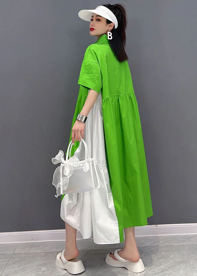 Green White Patchwork Cotton Loose Dresses Cinched Short Sleeve - Image 4