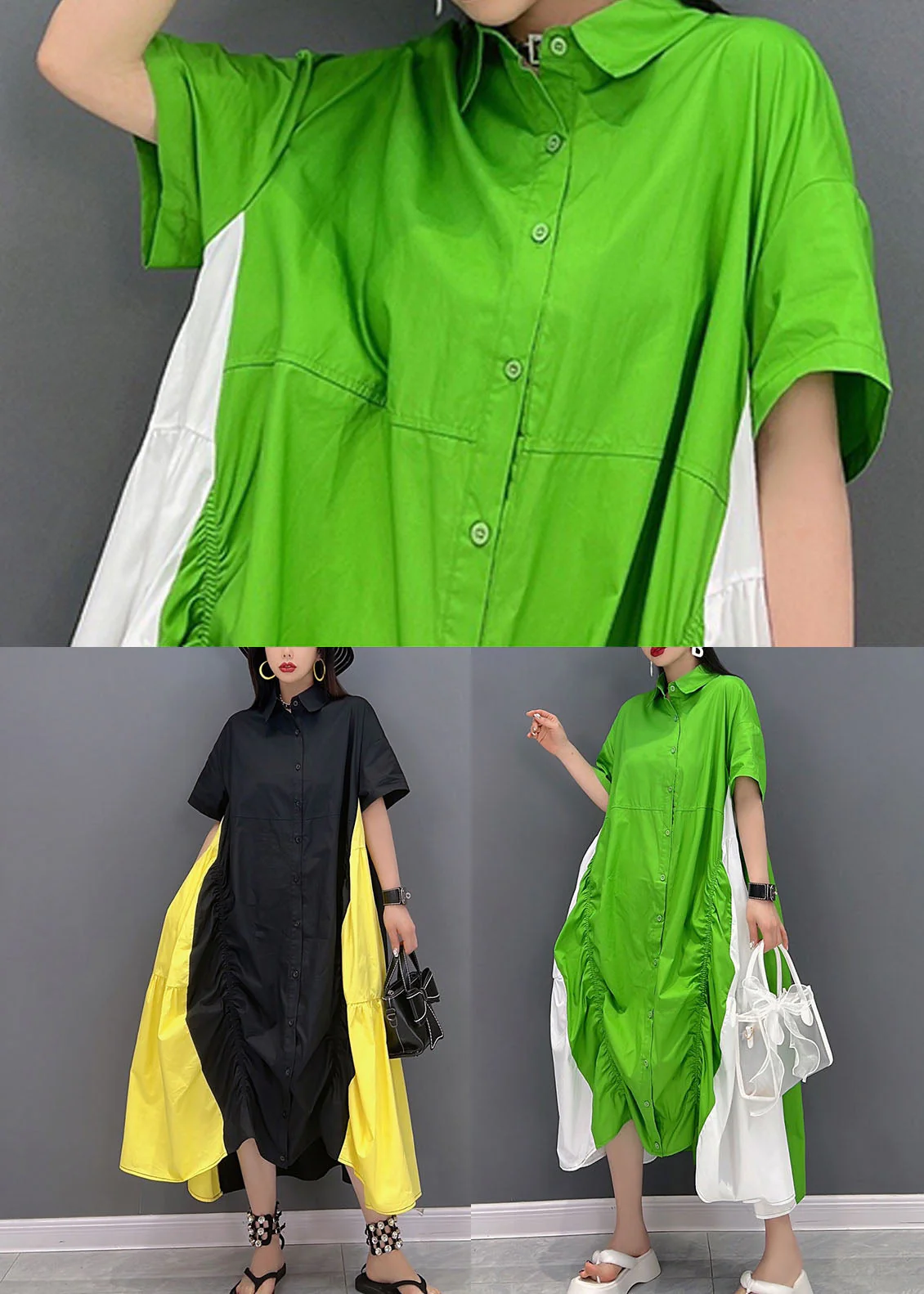 Green White Patchwork Cotton Loose Dresses Cinched Short Sleeve - Image 5