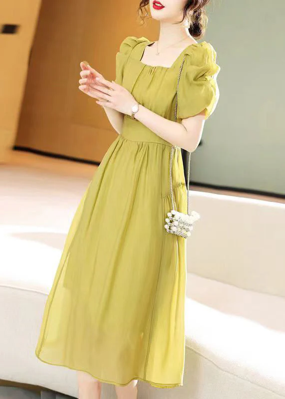Green Wrinkled Patchwork Chiffon Dress Square Collar Summer - Image 3