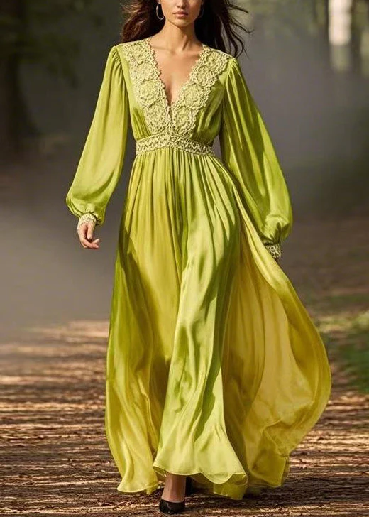 Green Wrinkled Solid Chiffon Long Dresses V Neck Spring - Image 3